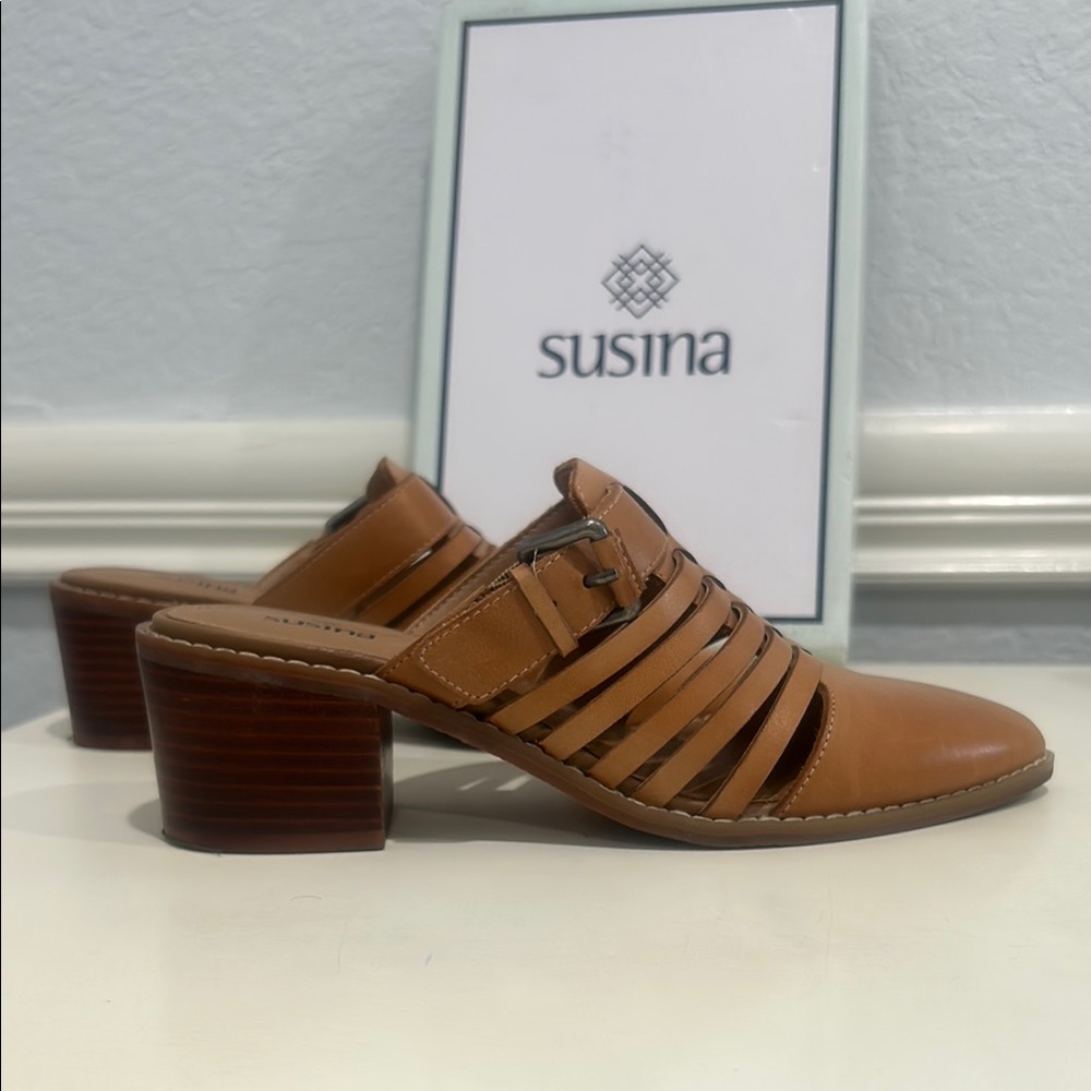 Susina Tan Leather Mules with Strappy Design